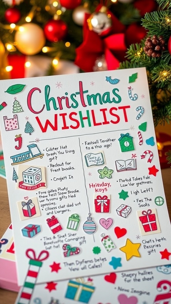 A colorful Christmas wishlist on paper with stickers and drawings, surrounded by holiday decorations.